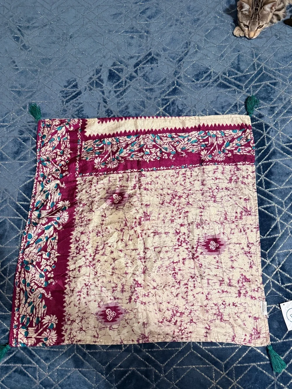 EB Denim Reversible Multicolor Patchwork Floral Scarf Wrap with Tassel Accent